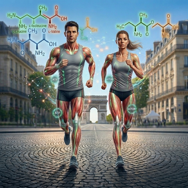 Illustration photoréaliste de coureurs du Marathon de Paris, mettant en avant la récupération musculaire et métabolique après l’effort.