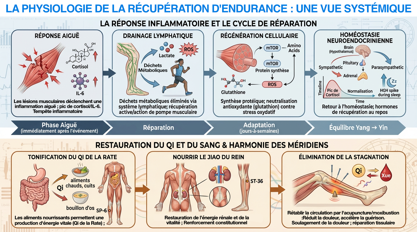 Schéma systémique de la récupération d’endurance après marathon, illustrant la réponse inflammatoire, la réparation, l’adaptation et le retour à l’homéostasie.