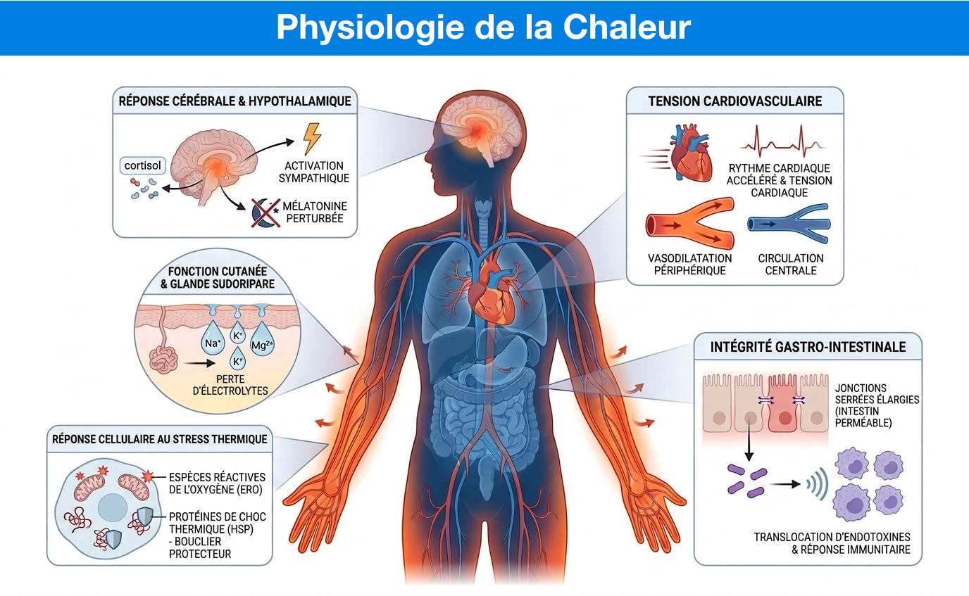 Illustration de la physiologie de la chaleur, incluant cerveau, système cardiovasculaire, sudation, cellules et barrière intestinale.