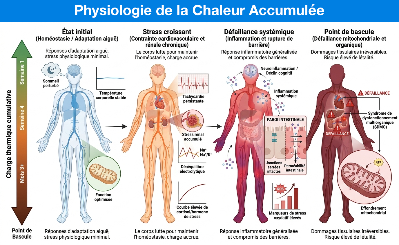 Illustration de la progression d'une charge thermique cumulative, de l'homéostasie au stress croissant, puis à la défaillance systémique.