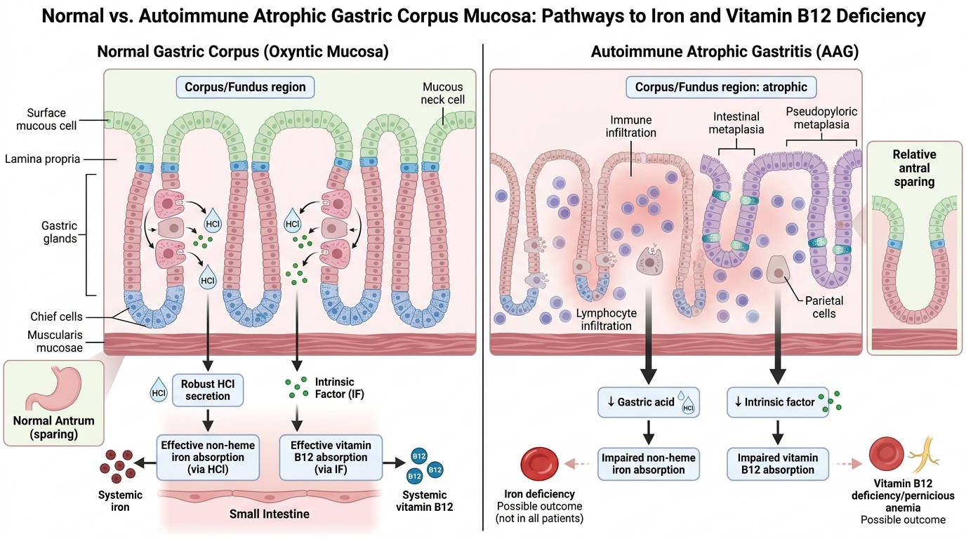 Diagram showing how autoimmune atrophic gastric corpus mucosa can contribute to iron and vitamin B12 deficiency.