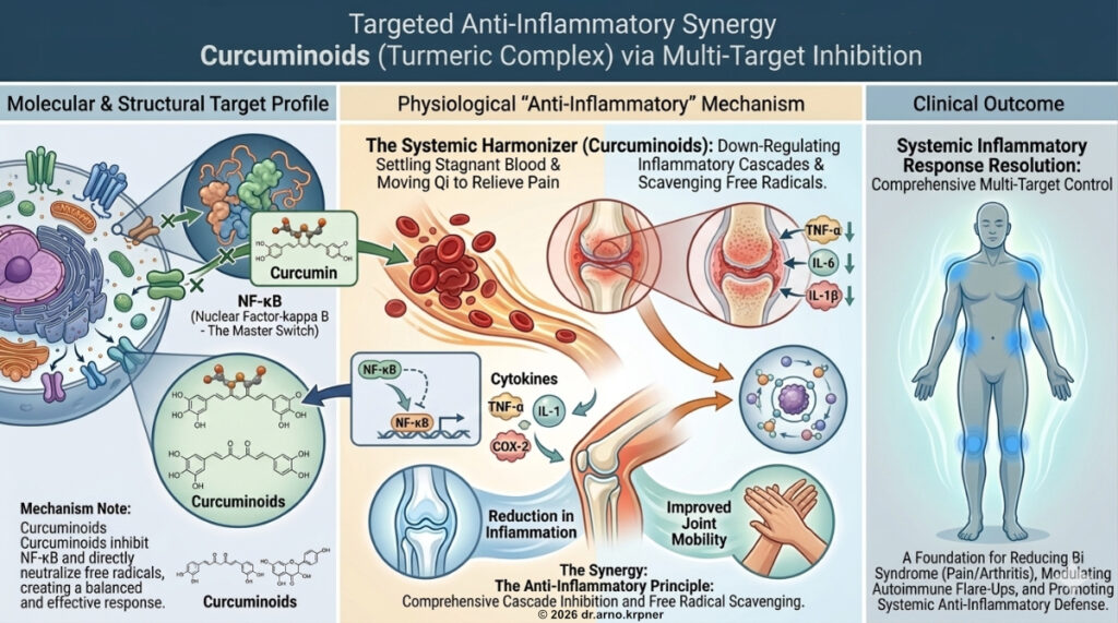 Diagram showing the broader anti-inflammatory and recovery effects of curcuminoids.