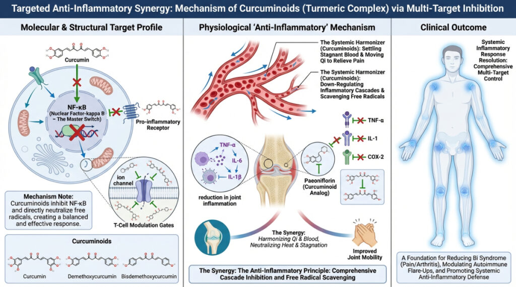 Diagram showing curcuminoids affecting multiple inflammatory pathways.