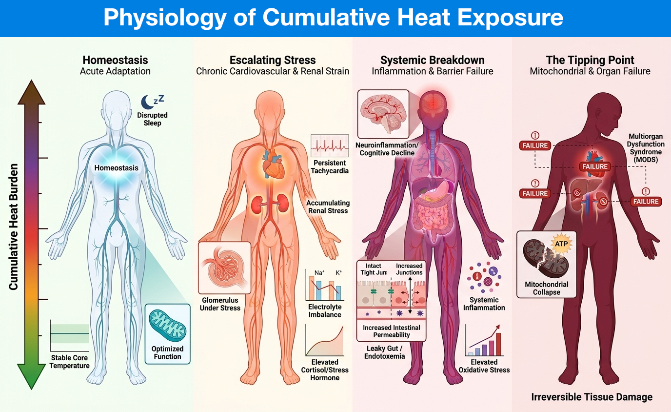 Illustration showing progression from heat homeostasis to escalating stress, systemic breakdown, and organ-failure tipping point.