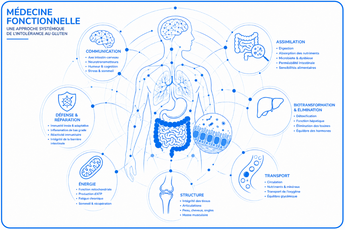 Schéma systémique en médecine fonctionnelle de l’intolérance au gluten, reliant digestion, énergie, immunité, communication, transport, biotransformation et structure.