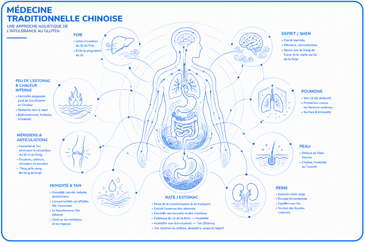 Schéma systémique en médecine traditionnelle chinoise de l’intolérance au gluten, reliant Rate, Estomac, Foie, Reins, Poumons, Shen, Humidité et Tan.