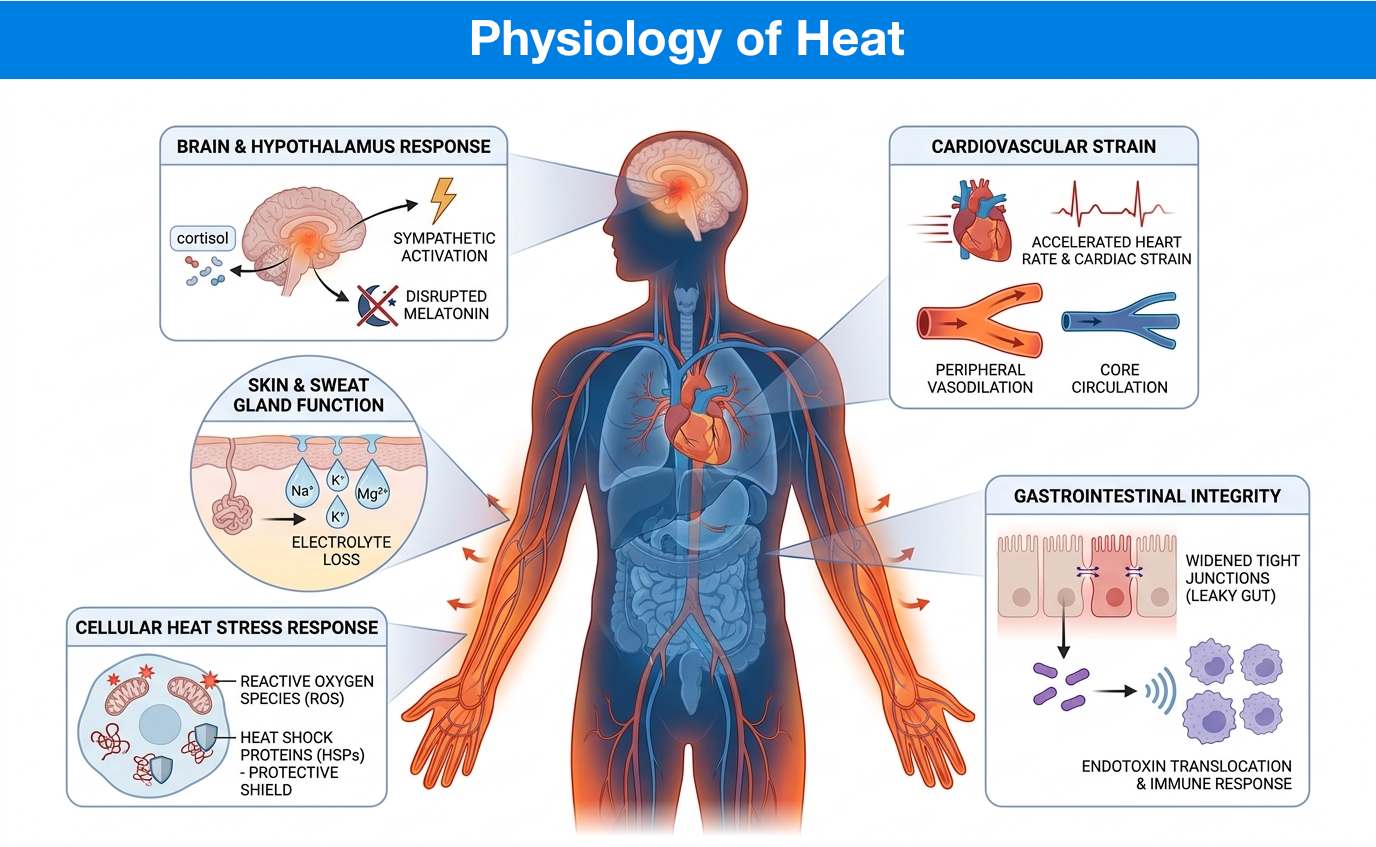Illustration of the physiology of heat, including brain, cardiovascular, sweat gland, cellular, and gastrointestinal responses.