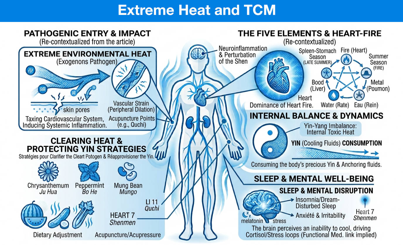 Illustration of extreme heat and Traditional Chinese Medicine concepts, including pathogenic heat, Heart Fire, Yin consumption, cooling botanicals, and acupuncture points.