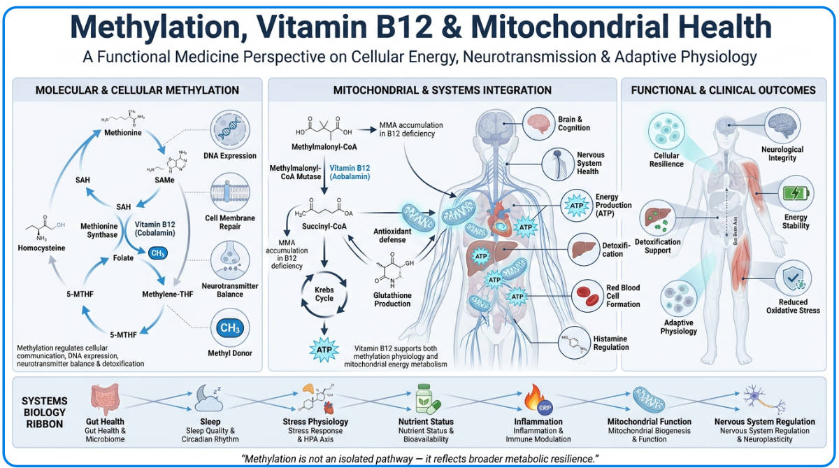 Detailed functional medicine chart linking methylation, vitamin B12, mitochondrial function, glutathione, and systems biology.