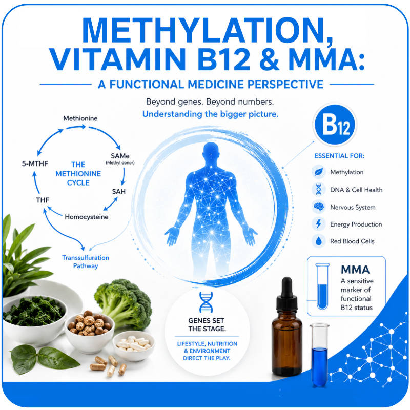 Infographic on methylation, vitamin B12, and methylmalonic acid in functional medicine.
