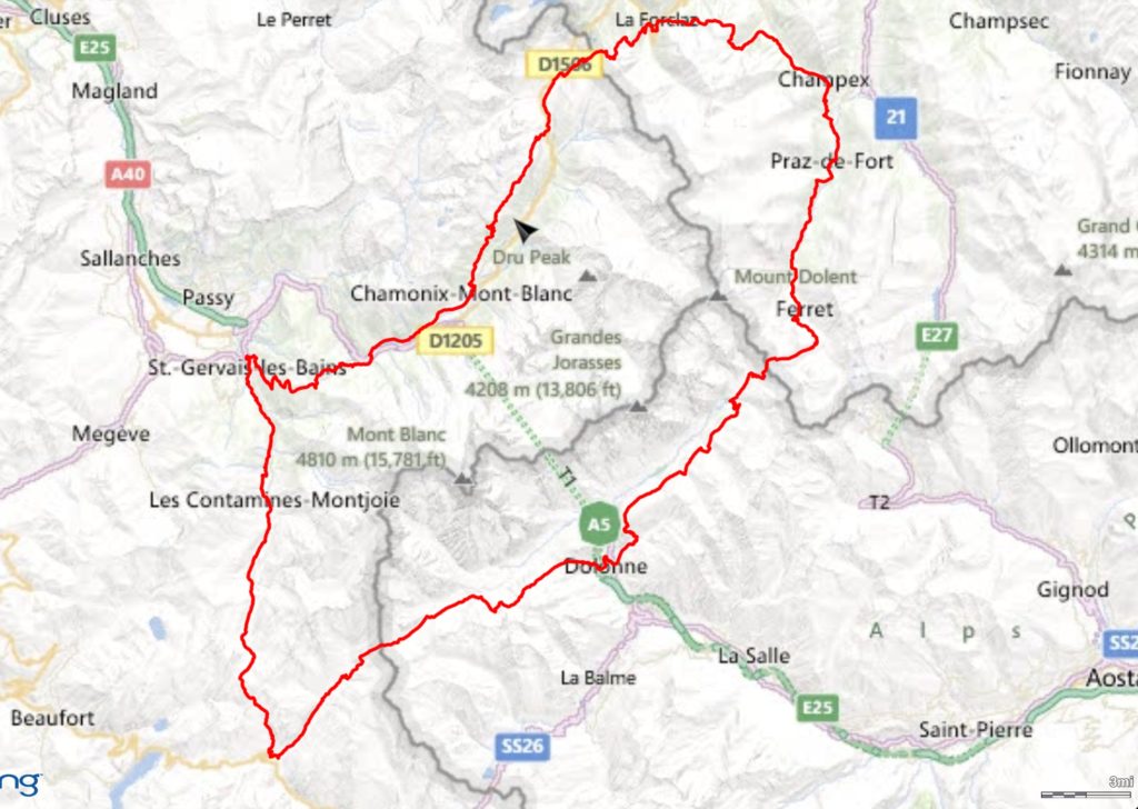 UTMB course map across France, Italy, and Switzerland around Mont Blanc.